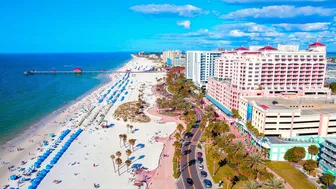 Clearwater Beach Florida. Winter vacation on the Gulf of Mexico. Aerial footage 4K