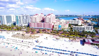 Clearwater Beach Florida. Winter vacation on the Gulf of Mexico. Aerial footage 4K