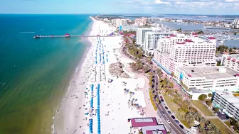 Clearwater Beach Florida. Winter vacation on the Gulf of Mexico. Aerial footage 4K