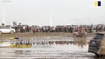 2 injured after out-of-control off-road vehicle crashes into beach bystanders in China