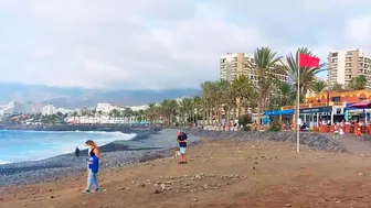 Red flag. The Ocean is storming. Las Americas Beach Walk. Tenerife Waves. Travel blog from Spain 4K