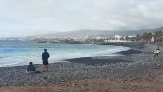 Red flag. The Ocean is storming. Las Americas Beach Walk. Tenerife Waves. Travel blog from Spain 4K