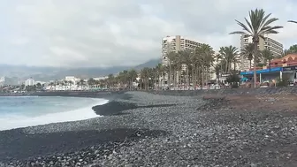 Red flag. The Ocean is storming. Las Americas Beach Walk. Tenerife Waves. Travel blog from Spain 4K