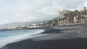 Red flag. The Ocean is storming. Las Americas Beach Walk. Tenerife Waves. Travel blog from Spain 4K