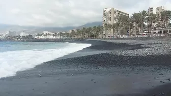 Red flag. The Ocean is storming. Las Americas Beach Walk. Tenerife Waves. Travel blog from Spain 4K