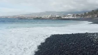 Red flag. The Ocean is storming. Las Americas Beach Walk. Tenerife Waves. Travel blog from Spain 4K