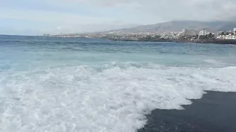 Red flag. The Ocean is storming. Las Americas Beach Walk. Tenerife Waves. Travel blog from Spain 4K