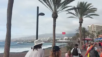 Red flag. The Ocean is storming. Las Americas Beach Walk. Tenerife Waves. Travel blog from Spain 4K