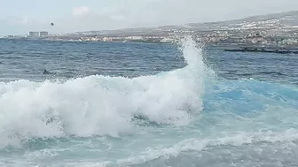 Red flag. The Ocean is storming. Las Americas Beach Walk. Tenerife Waves. Travel blog from Spain 4K