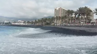 Red flag. The Ocean is storming. Las Americas Beach Walk. Tenerife Waves. Travel blog from Spain 4K