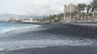 Red flag. The Ocean is storming. Las Americas Beach Walk. Tenerife Waves. Travel blog from Spain 4K