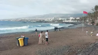 Red flag. The Ocean is storming. Las Americas Beach Walk. Tenerife Waves. Travel blog from Spain 4K