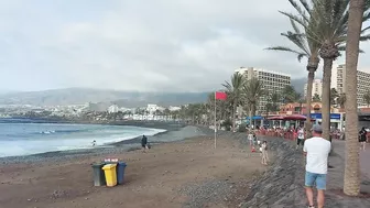 Red flag. The Ocean is storming. Las Americas Beach Walk. Tenerife Waves. Travel blog from Spain 4K