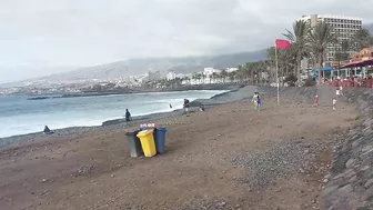 Red flag. The Ocean is storming. Las Americas Beach Walk. Tenerife Waves. Travel blog from Spain 4K