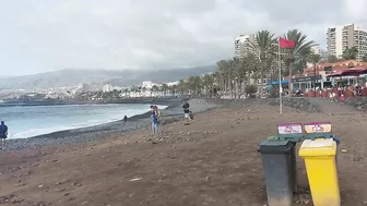 Red flag. The Ocean is storming. Las Americas Beach Walk. Tenerife Waves. Travel blog from Spain 4K