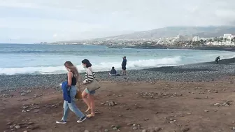 Red flag. The Ocean is storming. Las Americas Beach Walk. Tenerife Waves. Travel blog from Spain 4K