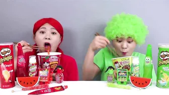 Red VS Green Color Food Mukbang Challenge! Eating Color Food 24 Hours by HIU 하이유