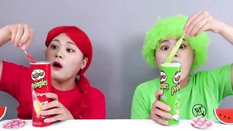 Red VS Green Color Food Mukbang Challenge! Eating Color Food 24 Hours by HIU 하이유