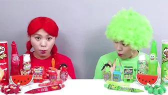 Red VS Green Color Food Mukbang Challenge! Eating Color Food 24 Hours by HIU 하이유