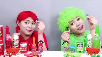 Red VS Green Color Food Mukbang Challenge! Eating Color Food 24 Hours by HIU 하이유