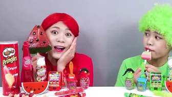 Red VS Green Color Food Mukbang Challenge! Eating Color Food 24 Hours by HIU 하이유