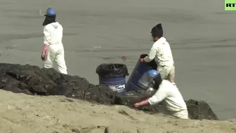 Peru Beach Turns Black by Oil Spill after Tonga Eruption