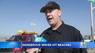 Powerful Surf Strikes Coast; Surfers At Ocean Beach Brave Dangerous Waves