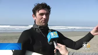 Powerful Surf Strikes Coast; Surfers At Ocean Beach Brave Dangerous Waves