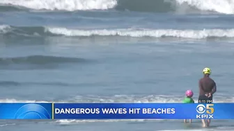 Powerful Surf Strikes Coast; Surfers At Ocean Beach Brave Dangerous Waves