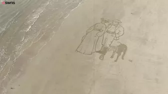 Artist uses RAKE to recreate 123-year-old masterpiece on deserted beach | SWNS