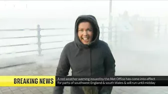 Storm Eunice: Sky correspondent gets hit by wave