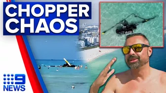 Helicopter narrowly misses swimmers after crashing into Miami Beach | 9 News Australia