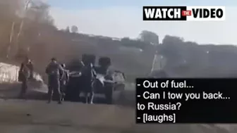 Ukrainian taunts Russian soldiers in broken down tank