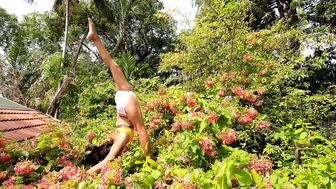 Sunbathing ☀️ Standing splits. Balancing. Stretching. Beautiful wild flowers in March