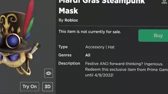 FREE ACCESSORY! HOW TO GET Mardi Gras Steampunk Mask! (ROBLOX PRIME GAMING)