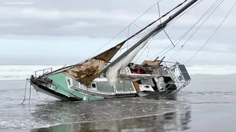 Sailboat washes up near Rockaway Beach on Oregon coast