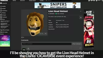 [EVENT] How to get the LION HEAD HELMET in CLARKS' CICAVERSE | Roblox