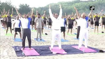 Rajnath Singh takes part in Yoga session with Indian Navy personnel at Karwar Naval Base