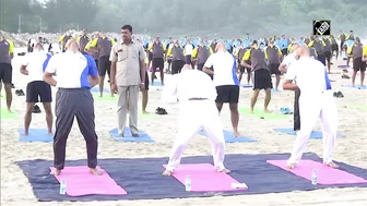 Rajnath Singh takes part in Yoga session with Indian Navy personnel at Karwar Naval Base