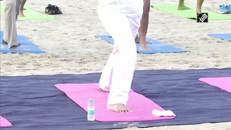 Rajnath Singh takes part in Yoga session with Indian Navy personnel at Karwar Naval Base