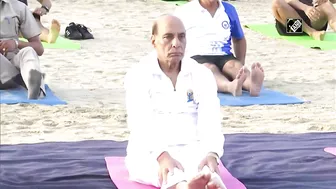 Rajnath Singh takes part in Yoga session with Indian Navy personnel at Karwar Naval Base