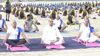 Rajnath Singh takes part in Yoga session with Indian Navy personnel at Karwar Naval Base