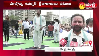 Governor Tamilisai Participated International Yoga Celebration 2022 In LB Stadium | Sakshi TV