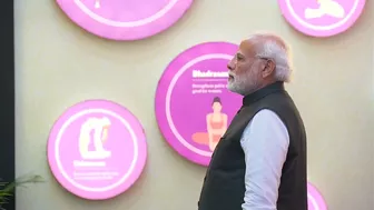 PM Modi walks through an exhibition on Yoga at Mysuru, Karnataka