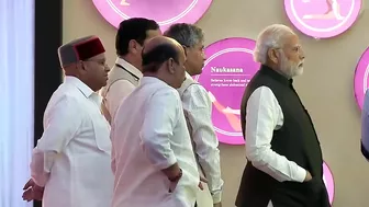 PM Modi walks through an exhibition on Yoga at Mysuru, Karnataka