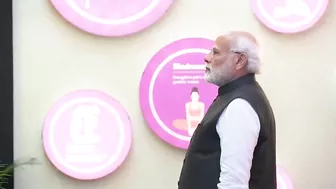 PM Modi walks through an exhibition on Yoga at Mysuru, Karnataka