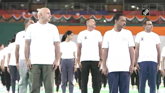 International Yoga Day: CM Kejriwal, Manish Sisodia perform Yoga at Thyagaraj Stadium