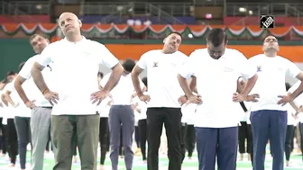 International Yoga Day: CM Kejriwal, Manish Sisodia perform Yoga at Thyagaraj Stadium