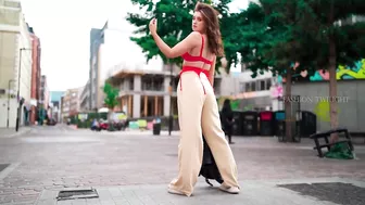 Fashion Model catwalk in slow motion red outfit