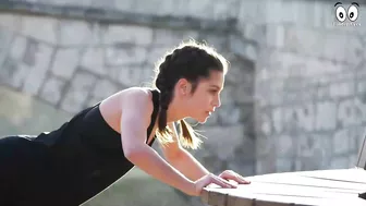 Woman stretching near a swimming pool | Push-ups on a park bench | workout